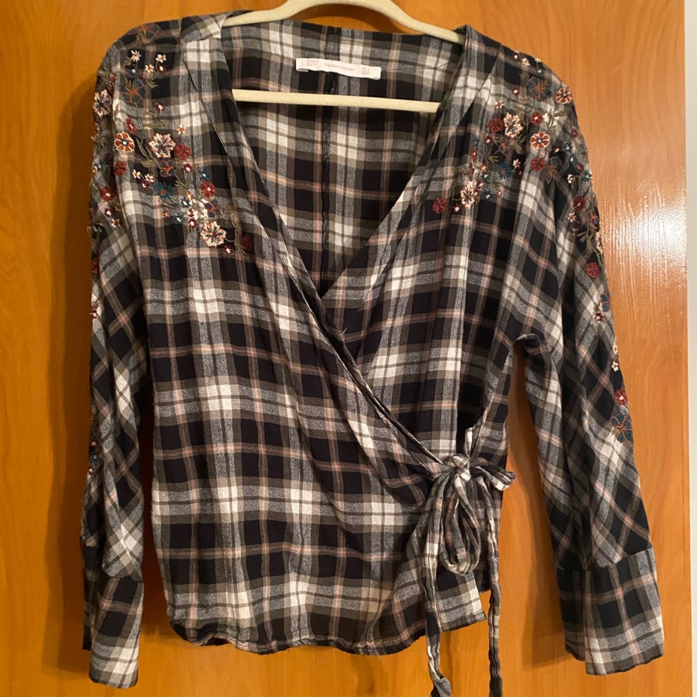 Zara wrap flannel shirt with embroidered sleeve detail